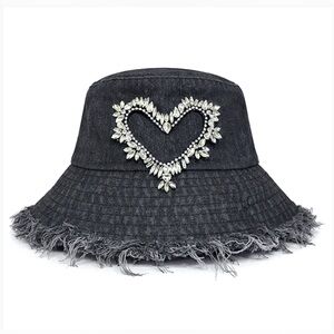 Blackish Gray Frayed Edge Bucket Hat with Rhinestone Heart Accent